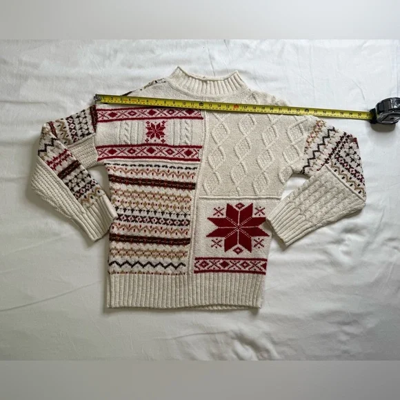 American Eagle Patchwork Fair Isle Sweater Nordic Cable Knit Cream Red Pullover - Picture 8 of 10